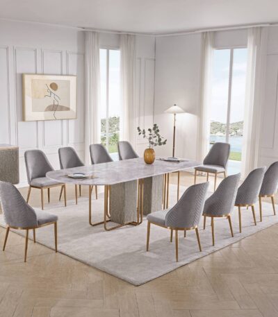 Oval marble-look dining table with rose gold base and 10 ash grey upholstered chairs