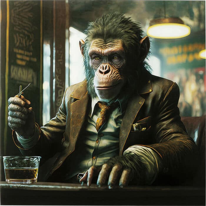 Square glass wall art panel of a suited chimp in a bar, multicoloured contemporary print