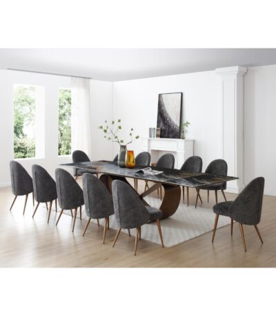 12 seater ceramic top dining table set with charcoal boucle chairs and bronze base