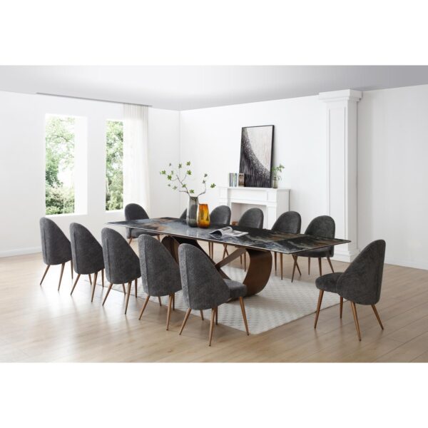 12 seater ceramic top dining table set with charcoal boucle chairs and bronze base
