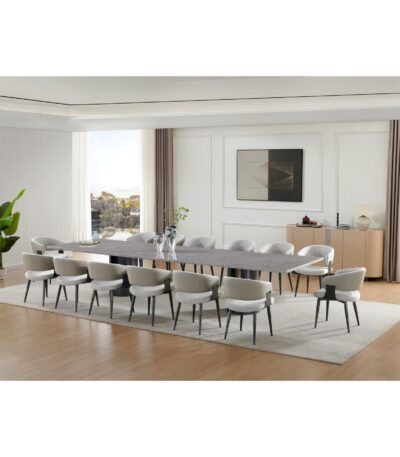 Large rectangular Stone-Look dining table with column base and 14 grey upholstered chairs