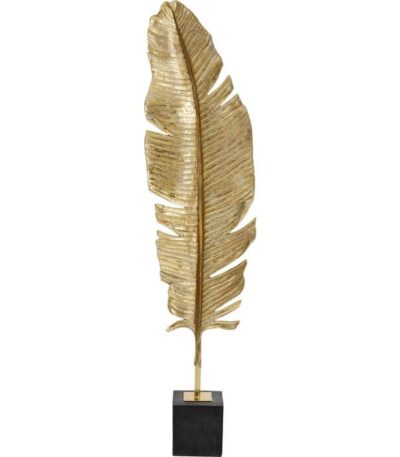 Tall gold polyresin feather sculpture on black block base