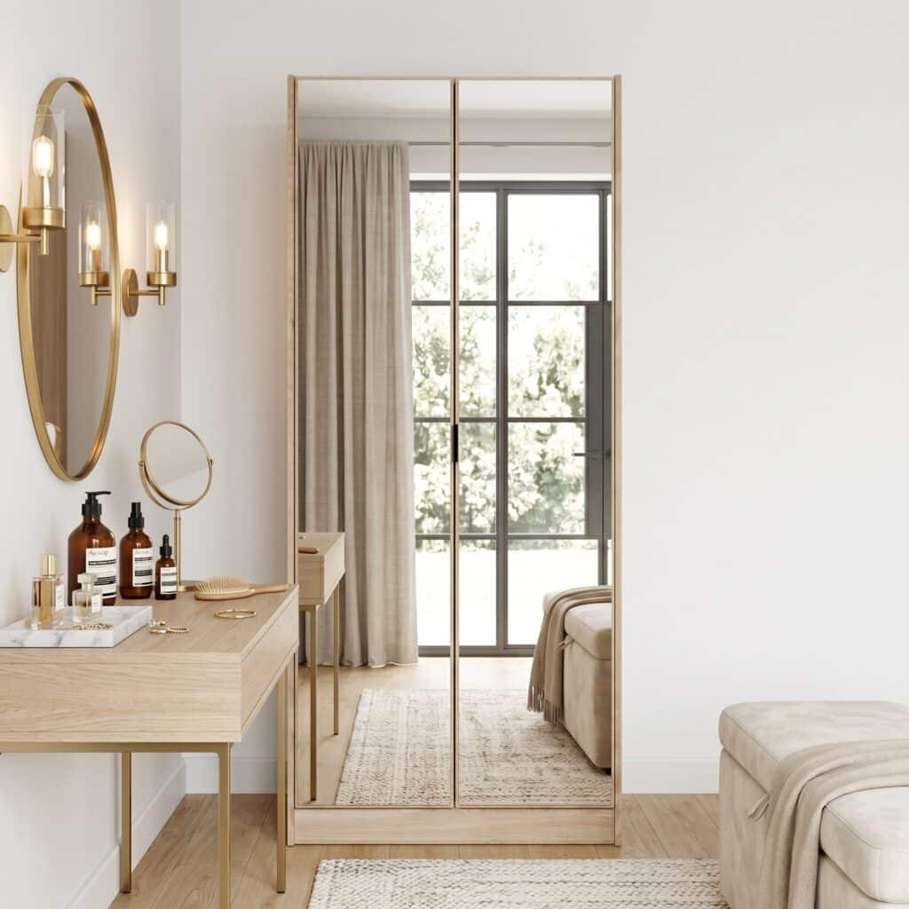 Two-door mirrored wardrobe in Natural wood-grain finish with hanging rail interior