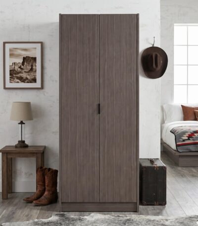 Grey wood-grain 2 door wardrobe with bar handles and open shelving interior