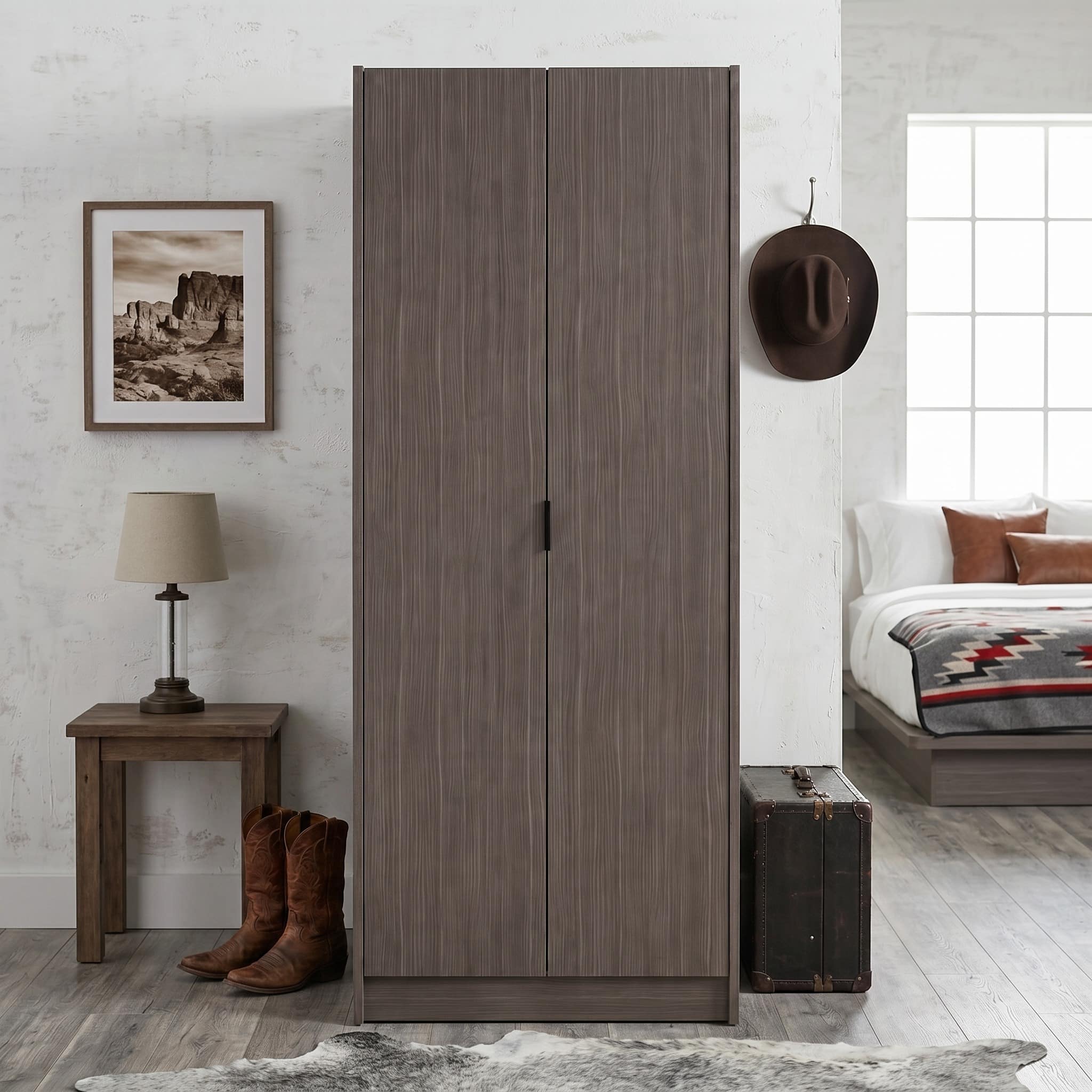 03-32-00042-10.jpg Grey wood-grain 2 door wardrobe with bar handles and open shelving interior