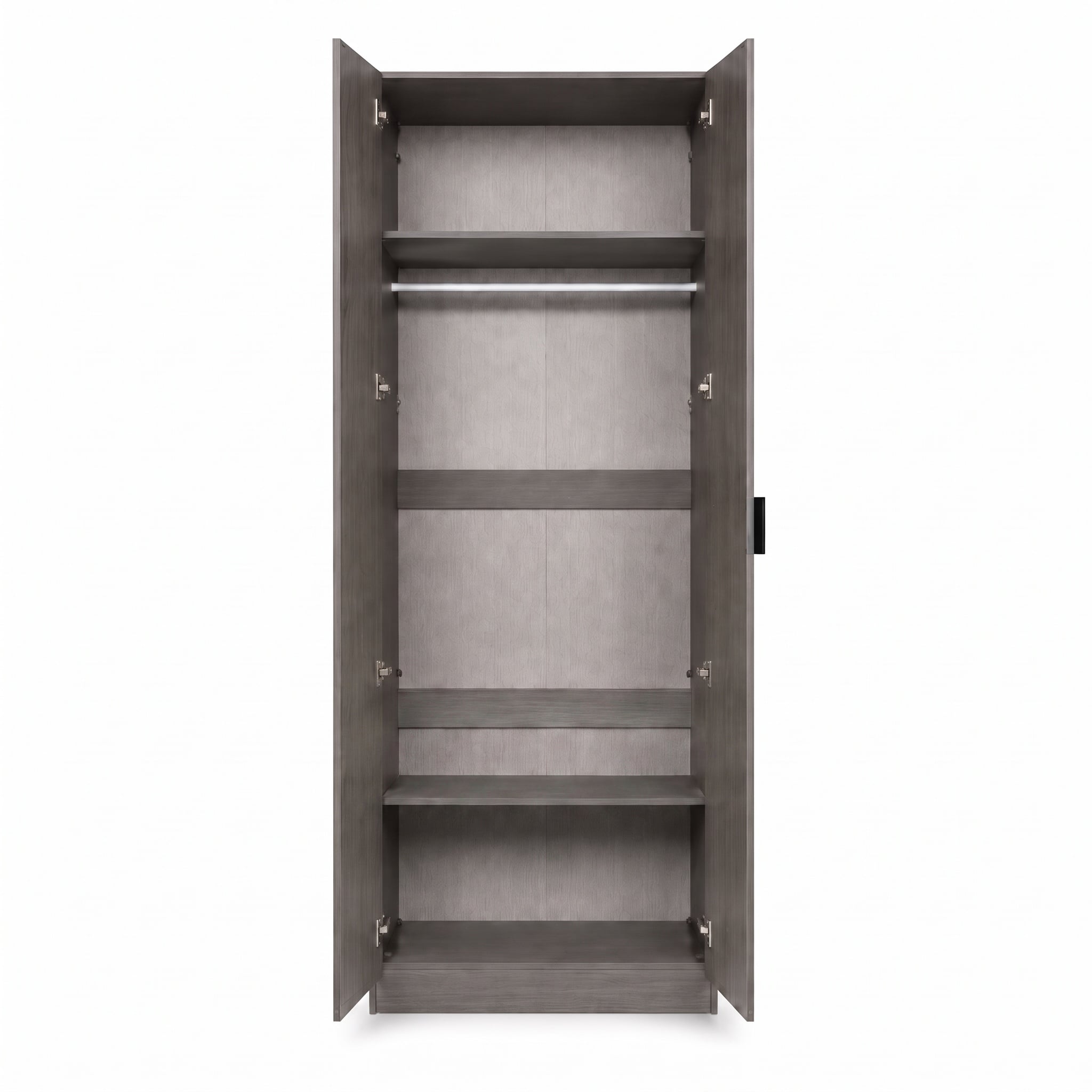03-32-00042-9.jpg Grey wood-grain 2 door wardrobe with bar handles and open shelving interior — view 5