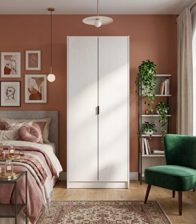 White Wash 2 door wardrobe with wood-grain finish and bar pull handles