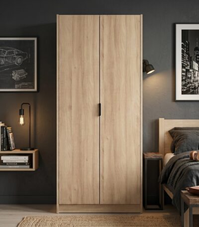 Natural wood-grain two-door wardrobe with hanging rail and shelving