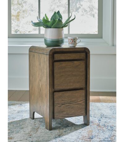 Brown wood side table with two drawers and pull-out tray
