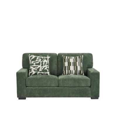 Sage green chenille loveseat with reversible cushions and patterned scatter pillows