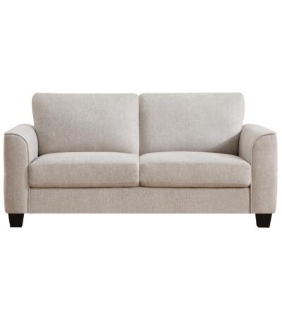 Beige fabric 2 seater loveseat with track arms and tapered wood legs