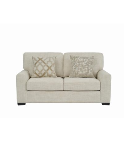 Warm oatmeal fabric loveseat with rolled arms and patterned scatter cushions