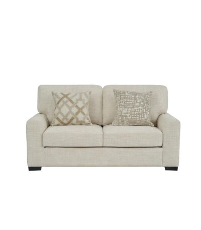 Warm oatmeal fabric 2 seater loveseat with track arms and geometric scatter cushions