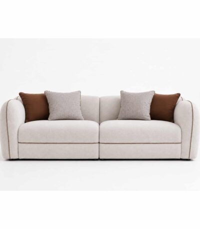 Warm oatmeal bouclé two-seater sofa with rolled arms and contrast piping