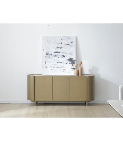 Champagne gold sideboard with ceramic top and three curved storage doors