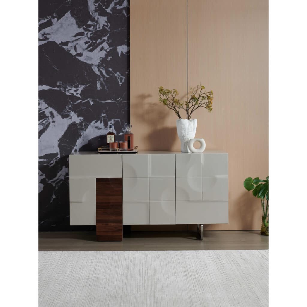 Light grey 3-door sideboard with sculpted panel doors and nut brown wood accent