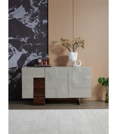 Light grey 3-door sideboard with sculpted panel doors and nut brown wood accent