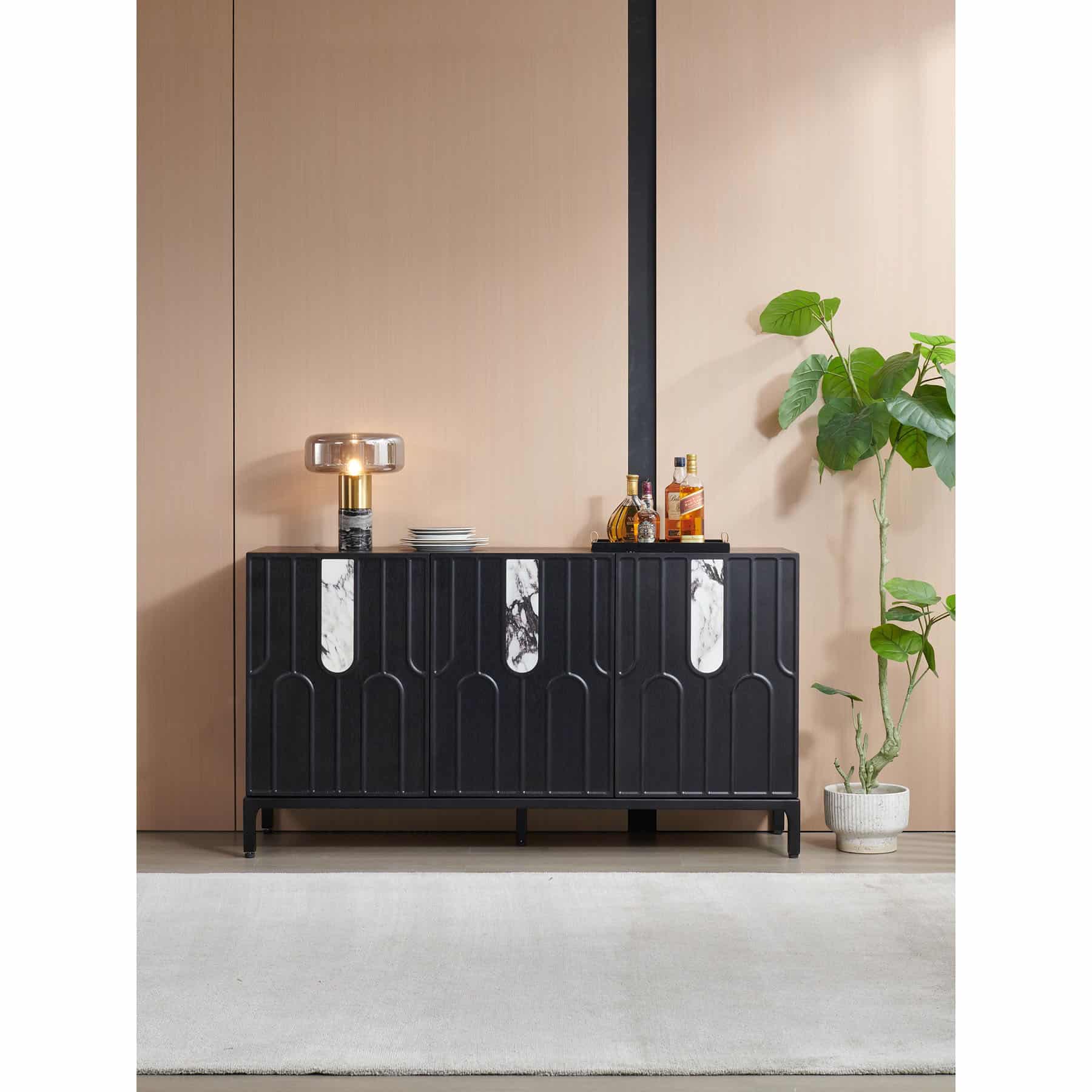42-30-00459-2.jpg 3 Door Wood Sideboard with Stone Inlay – Black Oak & White - Image 1