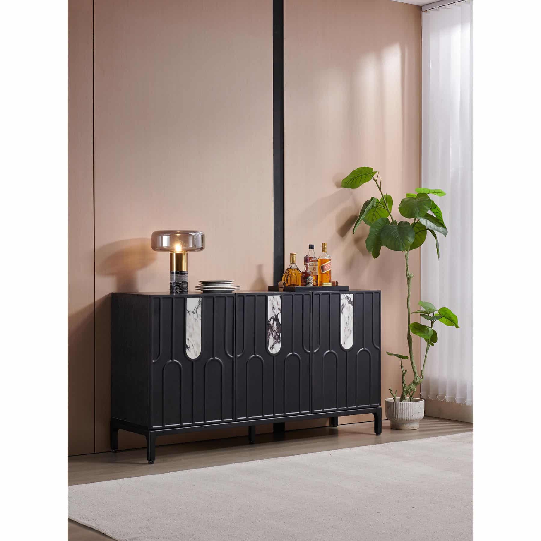 42-30-00459-4.jpg 3 Door Wood Sideboard with Stone Inlay – Black Oak & White - Image 2