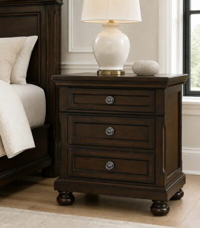Espresso brown solid wood nightstand with three drawers and bun feet