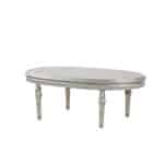 Dove Grey carved wood oval center table with fluted legs and matching round side table