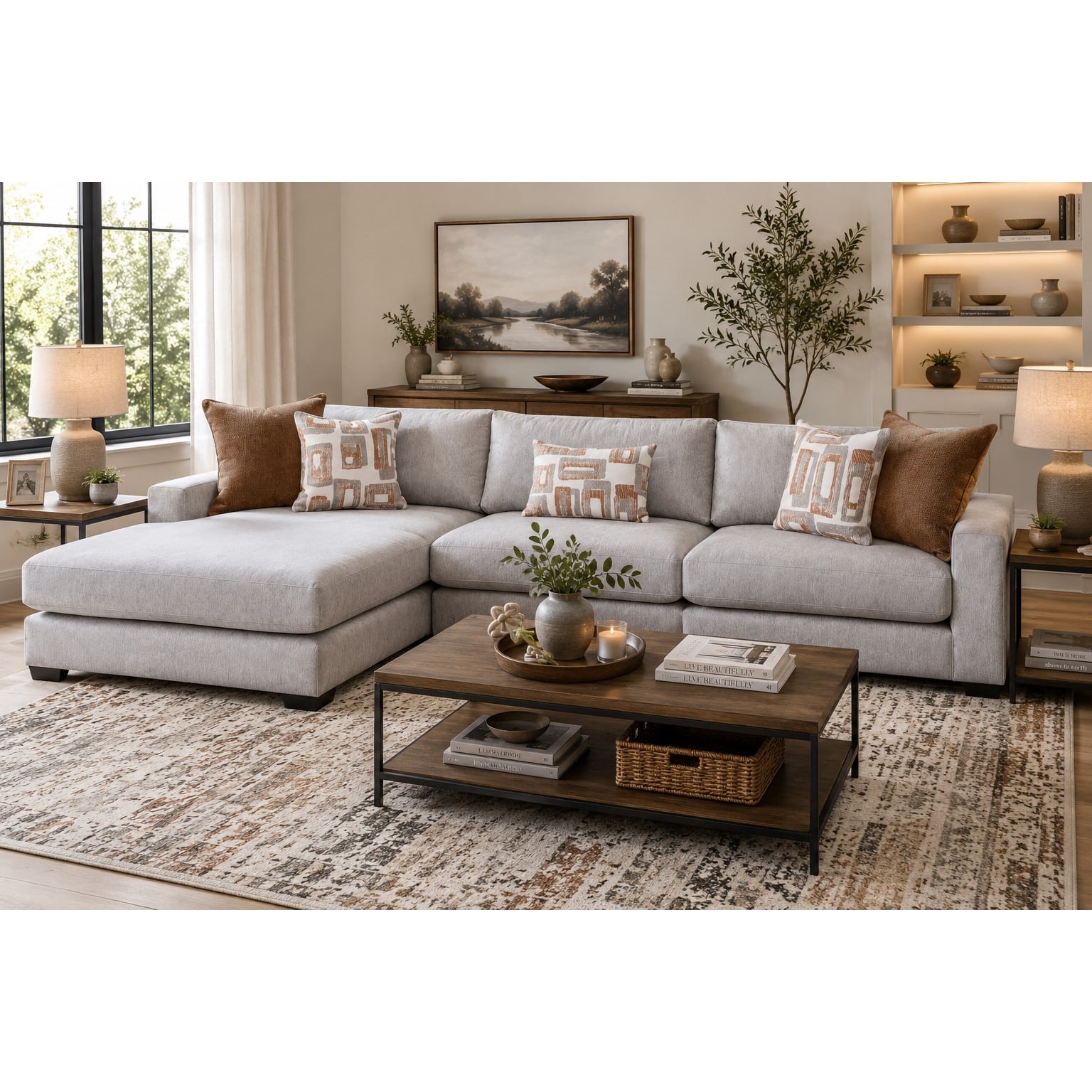 16-30-00078-13.jpg Warm grey fabric sectional sofa with chaise and patterned scatter cushions