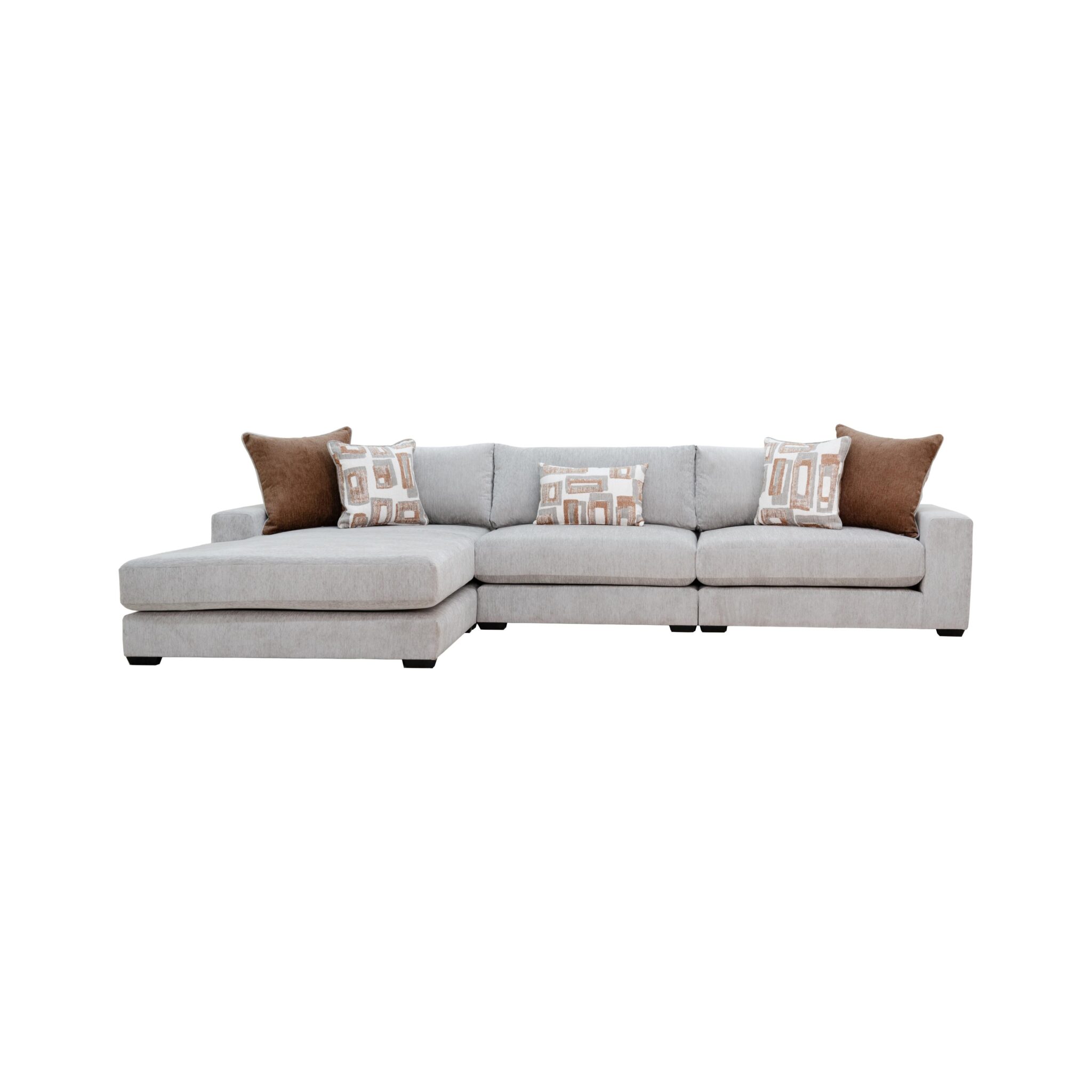 16-30-00078-12.jpg Warm grey fabric sectional sofa with chaise and patterned scatter cushions — view 2