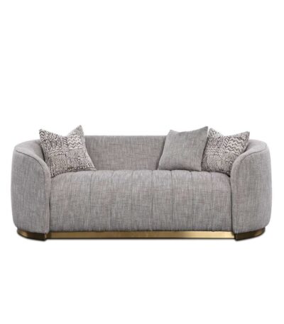 Warm grey woven fabric three-seater sofa with channel stitching and brass base — view 2