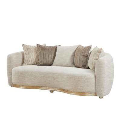 Curved 3-seater fabric sofa in warm champagne with champagne gold base and scatter cushions
