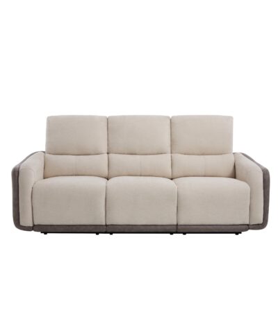 Warm beige fabric 3 seater double reclining sofa with grey trim and manual recline
