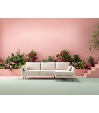 Warm oatmeal fabric corner sofa with chaise and rolled arms