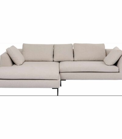 Warm oatmeal fabric corner sofa with chaise and slim black metal legs