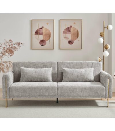 Ash grey textured fabric three seater sofa bed with brass-finished legs