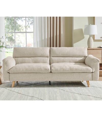 Warm oatmeal fabric three seater sofa bed with rolled arms and tapered wood legs