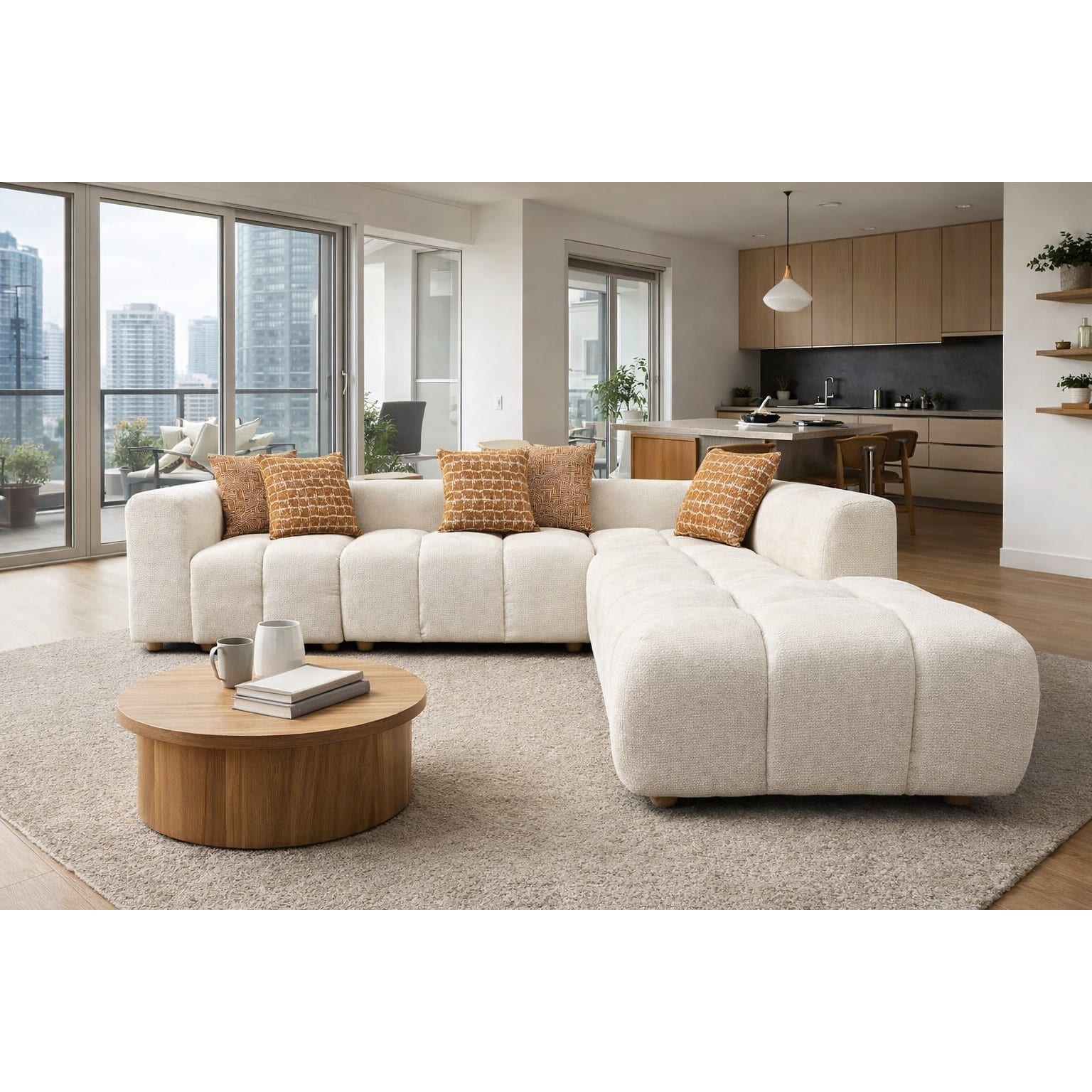 16-30-00069-2.jpg Warm ivory boucle LAF sofa chaise with channel tufting and rust scatter cushions