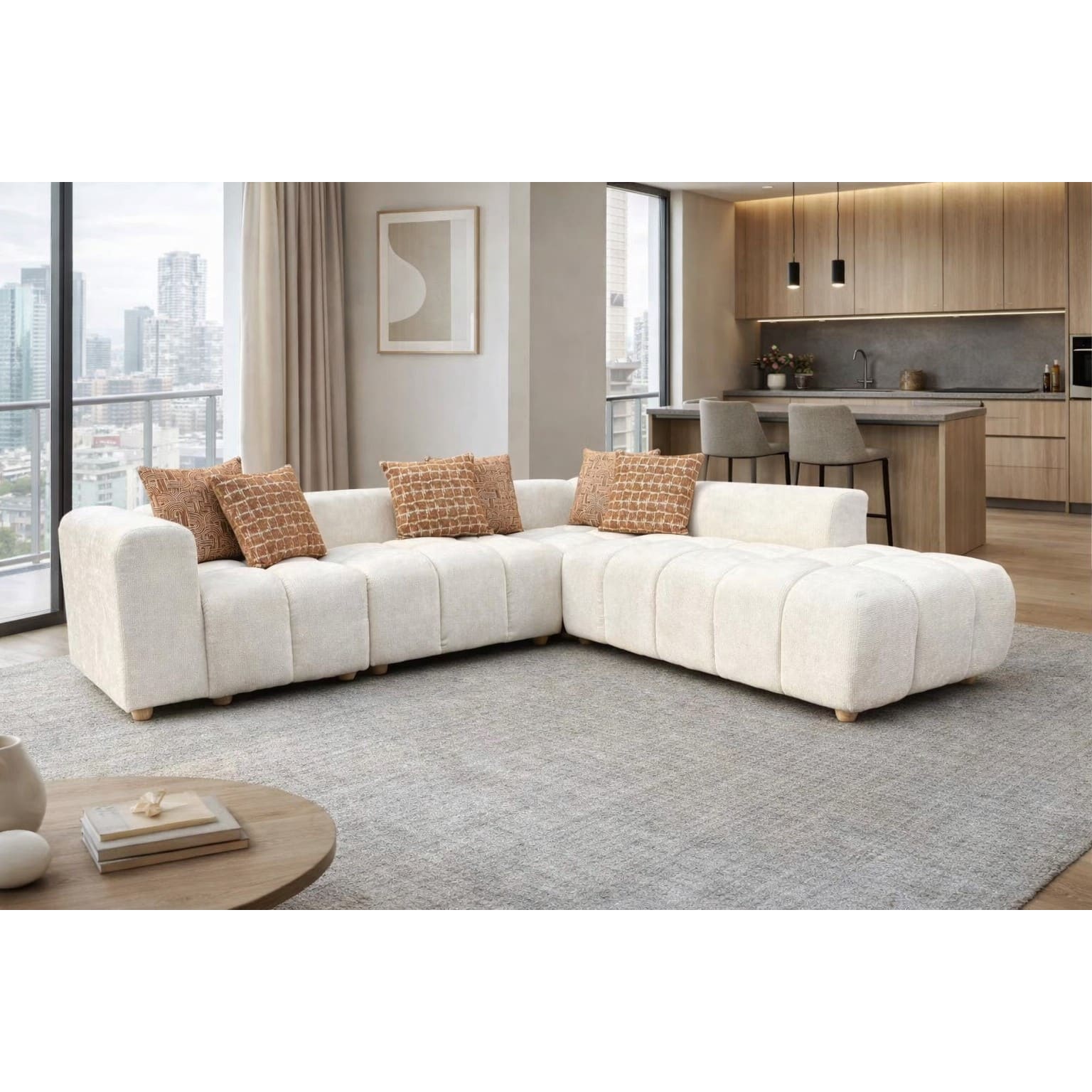16-30-00069-3.jpg Warm ivory boucle LAF sofa chaise with channel tufting and rust scatter cushions — view 2