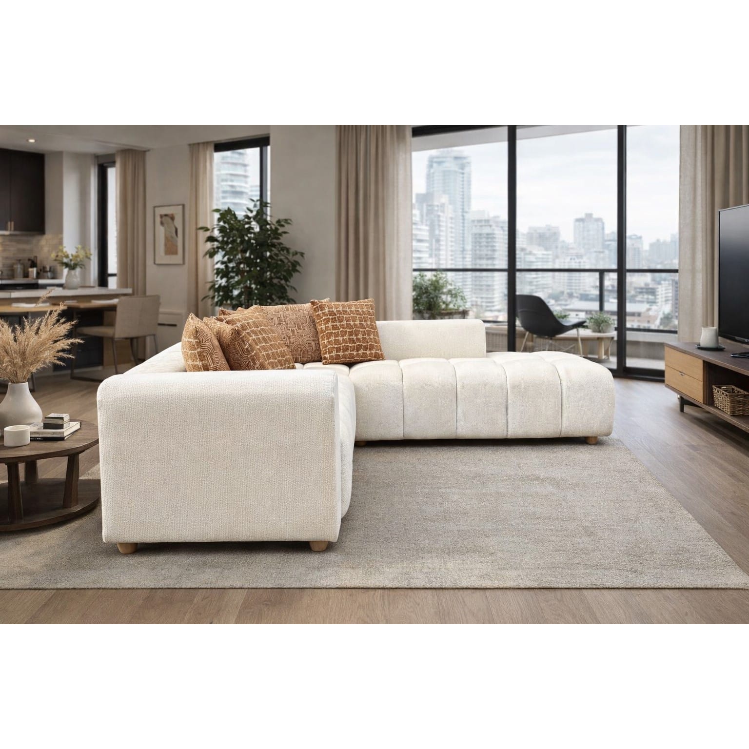 16-30-00069-4.jpg Warm ivory boucle LAF sofa chaise with channel tufting and rust scatter cushions — view 3