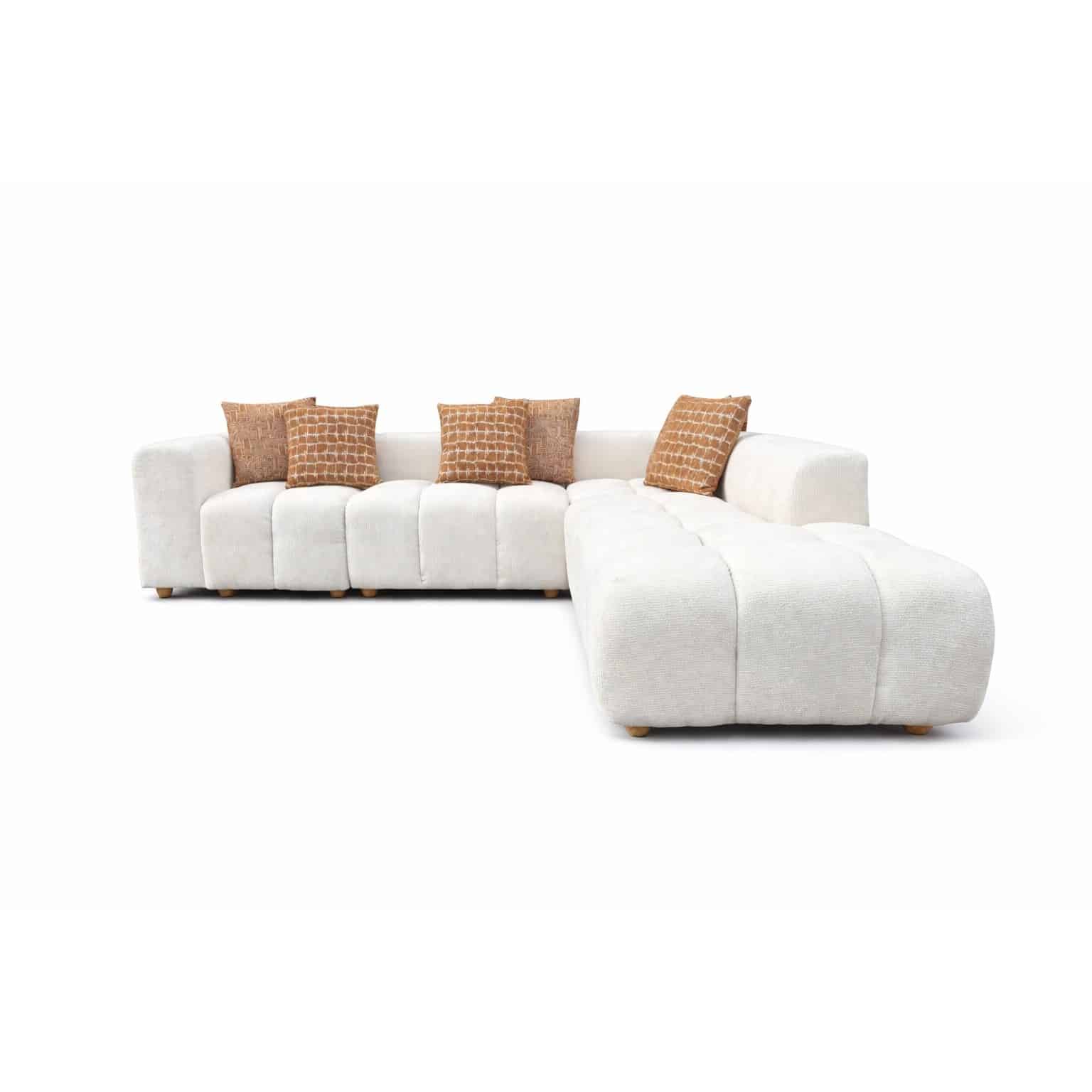16-30-00069-5.jpg Warm ivory boucle LAF sofa chaise with channel tufting and rust scatter cushions — view 4