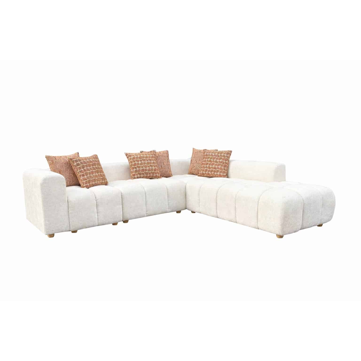 16-30-00069-6.jpg Warm ivory boucle LAF sofa chaise with channel tufting and rust scatter cushions — view 5