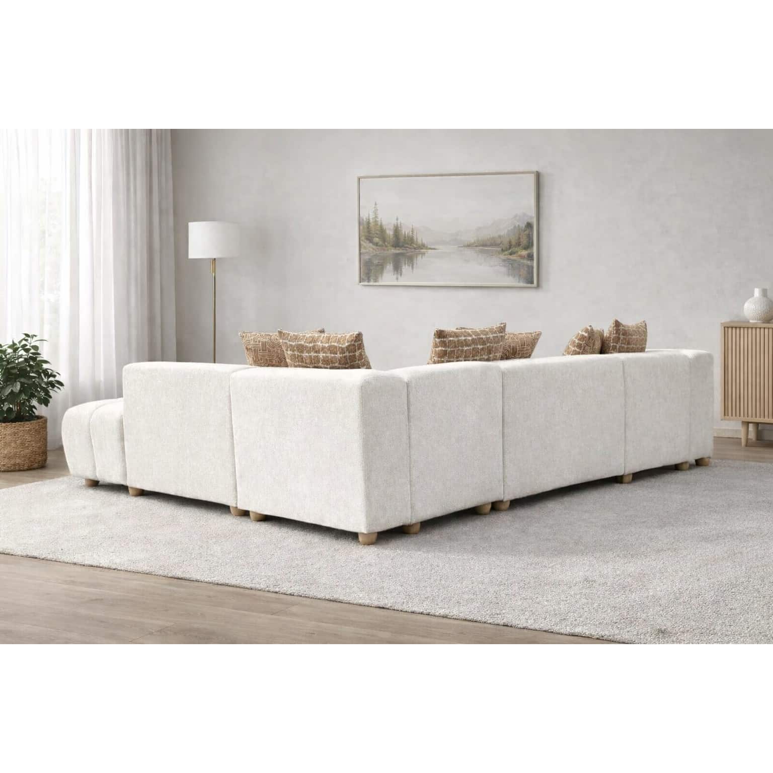16-30-00069-8.jpg Warm ivory boucle LAF sofa chaise with channel tufting and rust scatter cushions — view 7