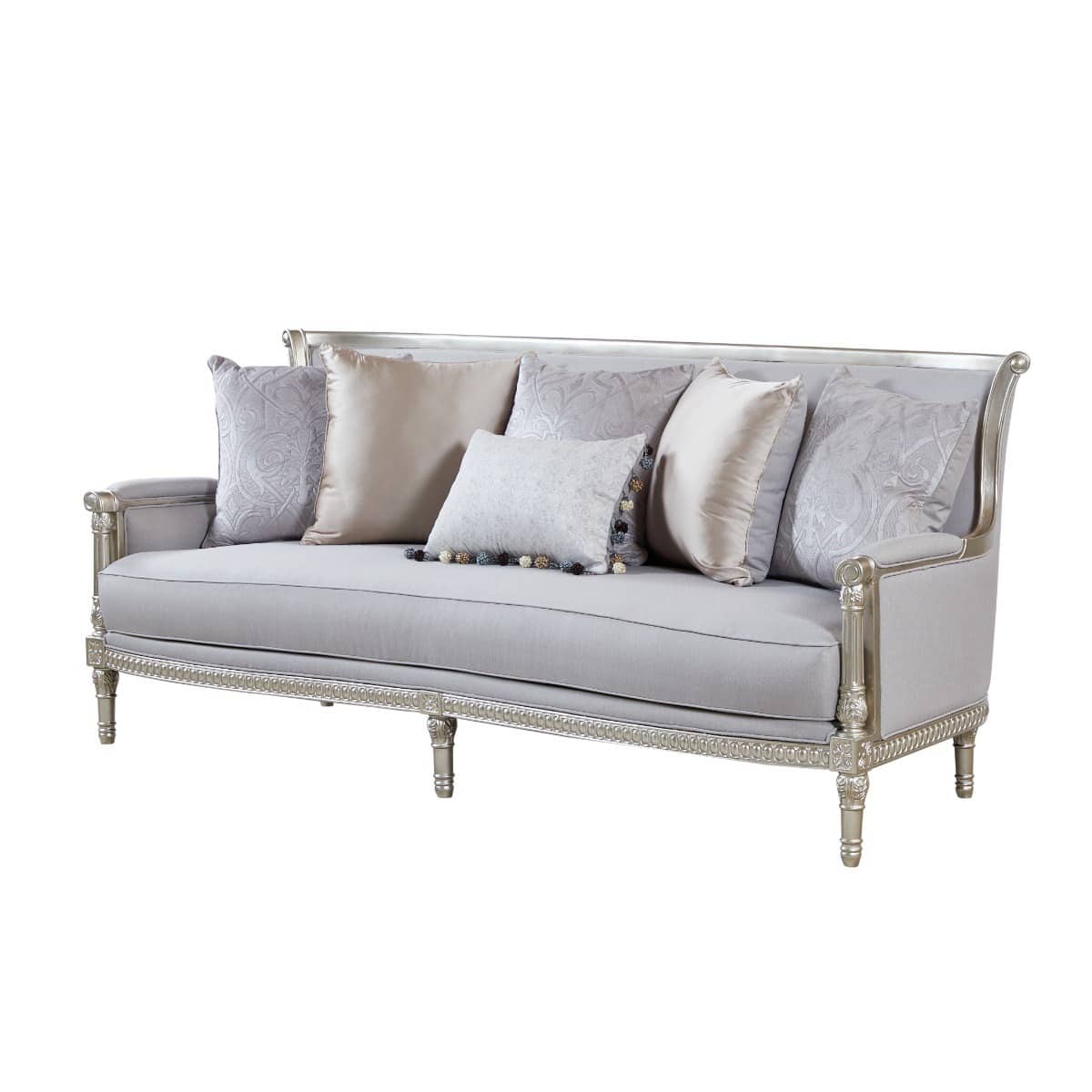 23-30-00084-3.jpg Classic three-seater fabric sofa in dove grey with carved silver frame and scatter cushions
