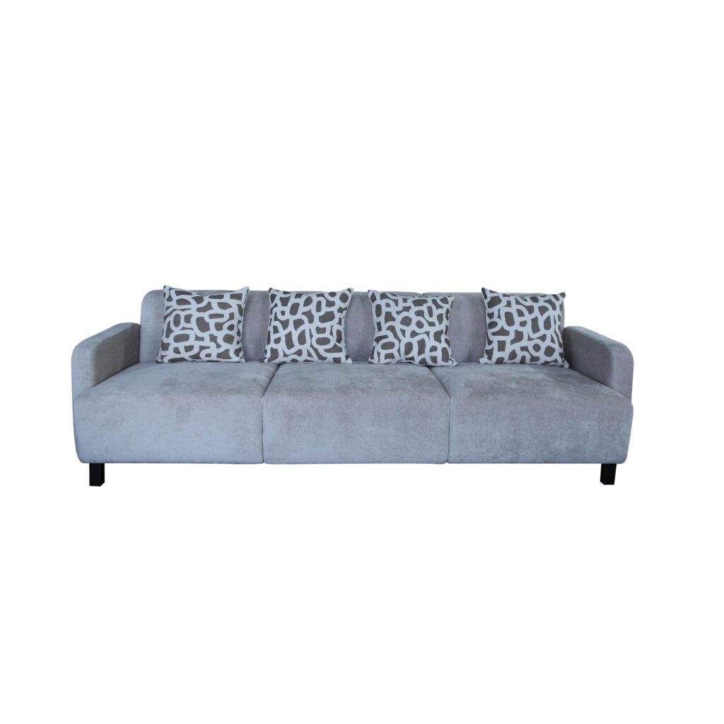 Warm grey 3 seater fabric sofa with track arms and patterned scatter cushions