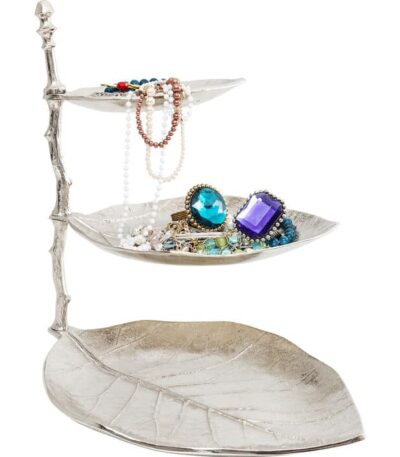 Silver aluminium three-tier leaf-shaped accessory stand with branch-style stem