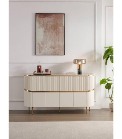 Off-white fluted 4-door sideboard with sintered stone top and champagne gold accents