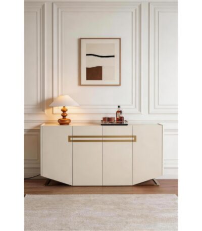 Ivory high-gloss four-door sideboard with brushed-gold handle and metal base