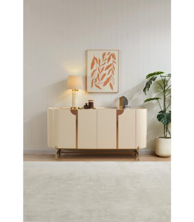 Blush Pink lacquer sideboard with four doors and bronze accents on a brass metal frame