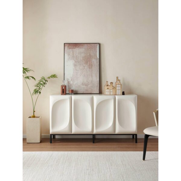 Off-white 4-door sideboard with sculpted door fronts and grey steel legs