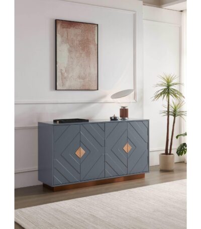 Slate Blue 4-door sideboard with diamond-carved panels and rose gold base