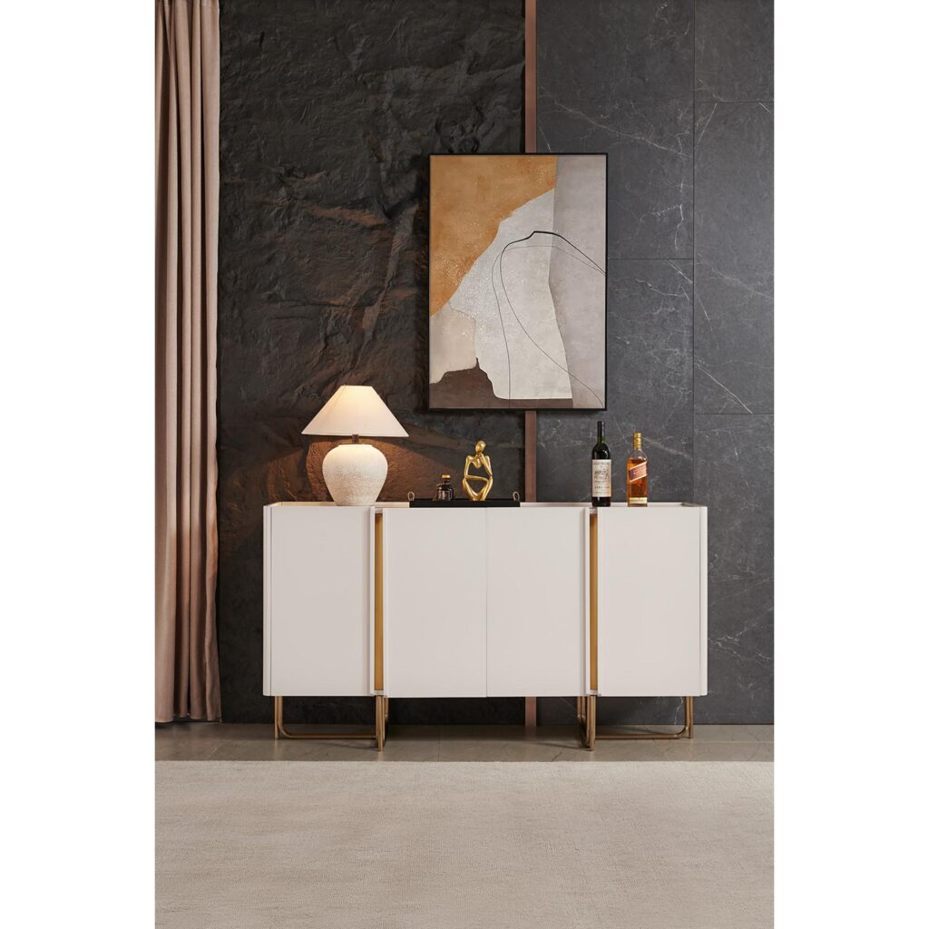Warm white 4-door sideboard with gold-toned metal legs and tray-edge top