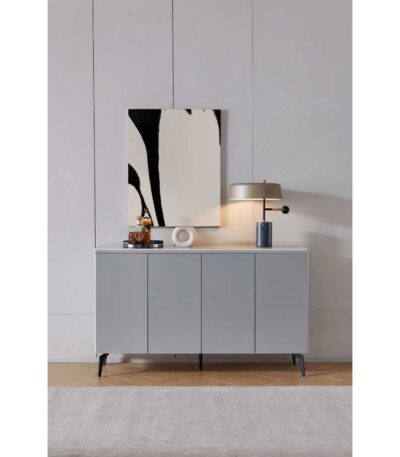 Ash Grey 4-door sideboard with sintered stone top and tapered metal legs